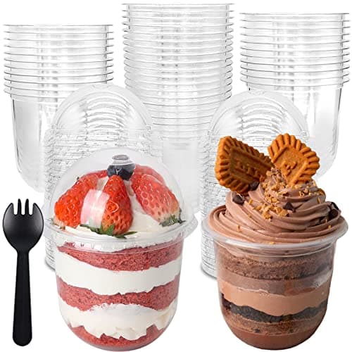 50 Pack 12OZ Clear Plastic Cups with Dome Lids and Sporks No Hole Disposable Fruit Cups for Dessert,Cupcake,Parfait,Pudding,Iced Cold Drinks,Snacks,Fruits,Bakeries,Ice Cream - Image 1