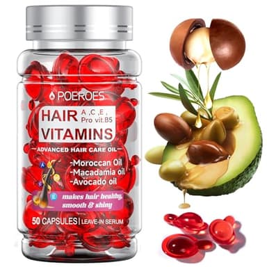 POEROES Hair Treatment Serum 50 Capsules Hair Vitamins A C E Pro B5 - Hair Serum for Frizzy and Damaged Hair - Hair Oil with Argan & Avocado Oil - Leave in Conditioner for Women & Men - Image 1