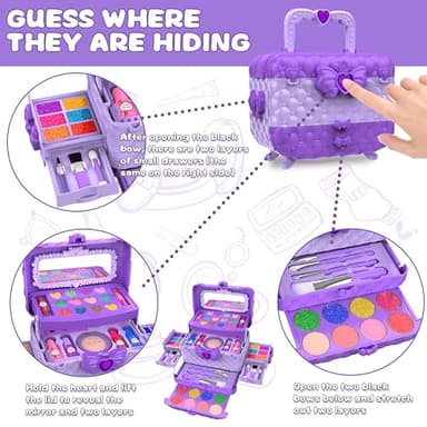 54 Pcs Kids Makeup Kit for Girls, Princess Real Washable Pretend Play Cosmetic Set Toys with Mirror, Birthday Gifts for 3 4 5 6 7 8 9 10 Years Old Girls Kids (Purple) - Image 2