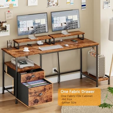 Furologee 47" Computer Desk with File Cabinet and Power Outlets, Home Office Desk with 2 Monitor Stands and Storage Drawer, Writing Gaming Table with Shelves and 2 Hooks for Bedroom, Rustic Brown - Image 4