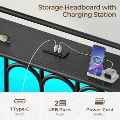 Rolanstar Twin Bed Frame with USB Charging Station, LED Bed Frame with Storage Headboard, Black Metal Platform Bed with Sleigh Headboard and Footboard, No Box Spring Needed, Noise Free - Image 4