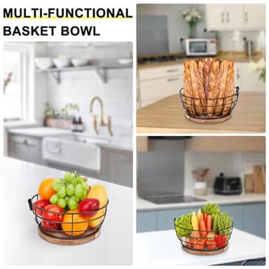 Livabber Countertop Fruit Basket Bowl with Banana Hanger, Modern Standing Fruit Vegetable Bowl Storage, with Banana Tree Holder for Kitchen Dinning Table (Round Wood, Black) - Image 6