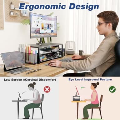 Desk Organizers and Accessories, 2-Tier Computer Monitor Stand Riser with Drawer and 2 Pen Holders, Laptop Stand, Office Desk Accessories for Office Supplies, Brown - Image 7