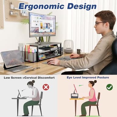 OPNICE Desk Organizers and Accessories, 2-Tier Computer Monitor Stand Riser with Drawer and 2 Pen Holders, Laptop Stand, Office Desk Accessories for Office Supplies, Pink - Image 6