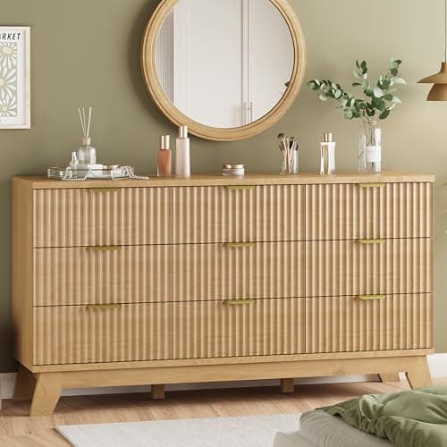 Fluted Dresser for Bedroom with 9 Drawers, 57" Wide Modern Chest of Drawers with Metal Handle, Wooden Dresser TV Stand, Wood Closet Clothes Storage Organizer for Living Room, Hallway, Natural Oak - Image 1