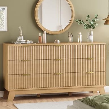 Fluted Dresser for Bedroom with 9 Drawers, 57" Wide Modern Chest of Drawers with Metal Handle, Wooden Dresser TV Stand, Wood Closet Clothes Storage Organizer for Living Room, Hallway, Natural Oak - Image 1