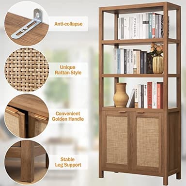 SICOTAS Bookshelf 5 Tier Book Shelf Rattan Boho 71" Tall Bookcase with Doors Storage Shelves Large Bookshelves Farmhouse Bookcases Library Book Case for Living Room Bedroom Home Office Kitchen - Image 5