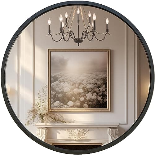 G-LEAF Black Round Mirror 24 inch, Circle Mirror for Bathroom, Entryway, Vanity, Living Room, Round Bathroom Mirror for Wall - Image 1