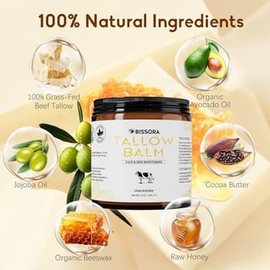 Bissora Beef Tallow for Skin, Organic Grass-Fed Beef Tallow Balm with Raw Honey & Jojoba Oil - Whipped Moisturizer for Face & Body - All-Natural Skin Care for Soft, Hydrated Skin (5 OZ, Unscented) - Image 2