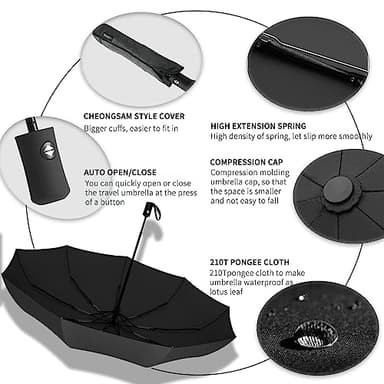 SIEPASA Compact Travel Umbrella - Windproof Auto Open/Close, Small Folding Umbrella for Rain - Lightweight & Durable with Fiberglass Frame, Waterproof Canopy - Fits Backpack, Purse, Suitcase. (Black) - Image 5