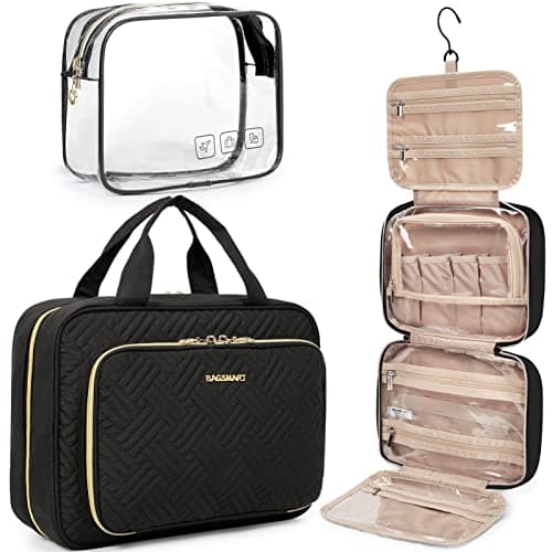 BAGSMART Toiletry Bag Hanging Travel Makeup Organizer with TSA Approved Transparent Cosmetic Bag Makeup Bag for Full Sized Toiletries, Medium-Black - Image 1