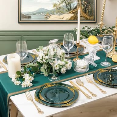 Joyido 102PCS Green and Gold Plates - Green Plastic Plate - Fancy Heavy Duty Disposable Plates - Heavyweight Disposable Dinner & Dessert Plate for 51 Guests for Party & Wedding - Image 7