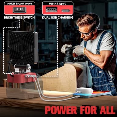 Crodless Work Light Compatible with Milwaukee 18V Battery, MtiolHig Portable LED Light 6000K 48W 4800 Lumen Flood Light Flashlight Battery with USB-A & Type C Emergency for Camping, Workshop - Image 4