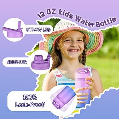 Mininoo Insulated Kids Water Bottle, 12 oz Stainless Steel Water Bottle Kids with Straw Lid and Chug Lid for Girls, Boys (Purple/Blue) - Image 4