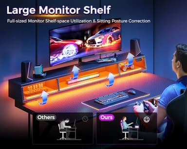 MOTPK 40 inch Gaming Desk with LED Lights & Power Outlets, Small Computer Gaming Table with Float Monitor Stand, Kids Boys Desk with Carbon Fiber Texture - Image 4