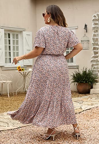 Nemidor Plus Size Maxi Dresses for Curvy Women Summer Casual Boho Ditsy Floral Print Layered Flared Long Dress with Pocket(304,24,Pink Print) - Image 5