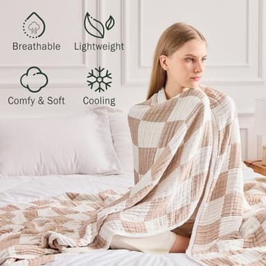 EMME Checkered Cotton Blanket Queen Size for Bed Soft Large Muslin Bed Blankets 80"x90" Lightweight Breathable Cooling All Season Gauze, Light Tan - Image 4
