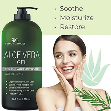 Aloe vera Gel - from 100% Pure Organic Aloe Infused with Manuka Honey, Stem Cell, Tea Tree Oil - Natural Raw Moisturizer for Face, Body, Hair. Perfect for Sunburn, Acne, Razor Bumps 16.9 fl oz - Image 5