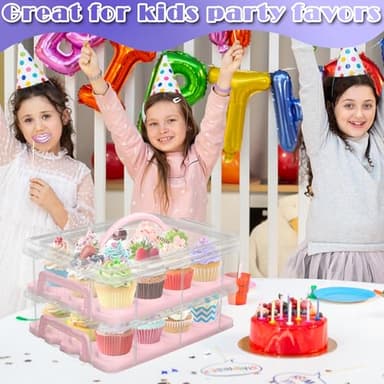 Jellydog Toy Cake Carrier with Lid, Two Tier Handle Cupcake Carrier, Stackable Cupcake Holder Container for 24 Cupcakes, Cake Carrier with Trays, Dessert Container for Cake Pie Muffin Cobbler, Pink - Image 3