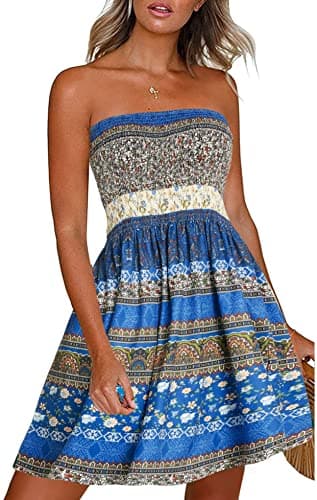 CHICGAL Summer Dresses for Women Beach Cover Ups Strapless Boho Floral Print Sundress(Flower Blue,M) - Image 1