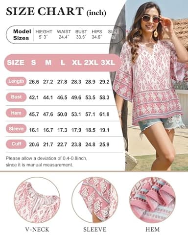 Bebonnie Boho Peasant Tops for Women: 3/4 Sleeve Dressy Casual V Neck Boho Tops - Summer Linen Beach Vacation Clothes - Plus Size Spring Clothes for Women Multi Pink XXXL - Image 7