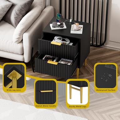 HQZX Black Nightstand Set of 2 with Charging Station, Fluted Nightstand with Drawers, Modern Bedside Table with Gold Legs, End Table for Bedroom - Image 4