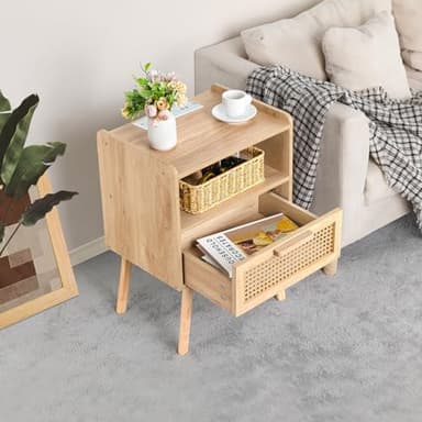 Lerliuo Rattan Nightstands Set of 2 with Charging Station, Boho Side Table with Drawer Open Shelf, Cane Accent Bedside End Table with Solid Wood Legs for Bedroom, Dorm and Small Spaces (Natural) - Image 5