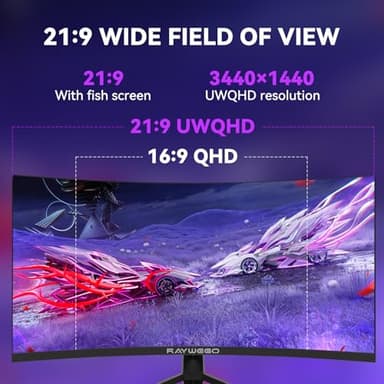 Raywego 34'' Curved Gaming Monitor 165Hz UWQHD 3440×1440P Monitor,PIP/PBP, HDR, 300nits 1ms,127% sRGB FreeSync & Eye-Care, Support VESA,Tilt Adjustment,HDMI×2 & DP 1.4×2(DP Cable Included) - Image 4