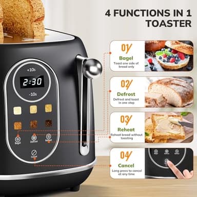 Keenstone Smart Touch Screen Toaster 2 Slice, Retro Wide Slot Stainless Steel Toaster with 6 Browning Levels, Reheat & Defrost, for Bagel, Toast, Bread, Removable Crumb Tray, Black - Image 5