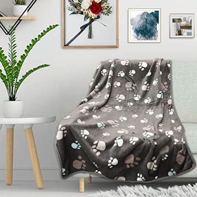 Rezutan Dog Blanket for Large Dogs, Upgraded 3 Pack Dog Cat Flannel Blankets Washable, Soft Pet Throw Cover Suitable for Kennel Crate Bed, Cute Paw Pattern, Grey, 31" x 41" - Image 5