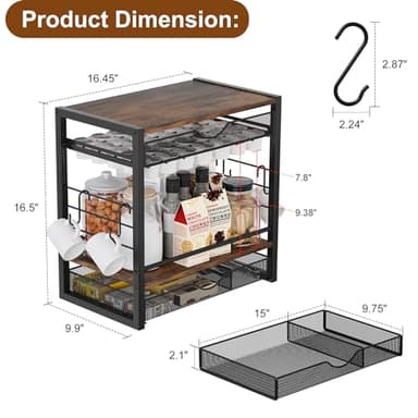 TQVAI Coffee Bar Organizer for Countertop 3-Tier 70 Capsules Coffee Station Organizer with Sliding K Cup Drawer & 4 Coffee Cup Hooks for Coffee Bar Accessories, Black - Image 3