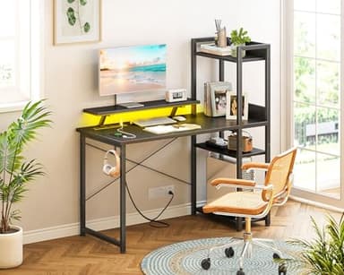 ODK Reversible Gaming Desk LED Lights, 40 Inch Computer Desk with Storage Shelves & Monitor Stand, Study Table for Home Office, Small Space Bedroom, Carbon Fiber Black - Image 7