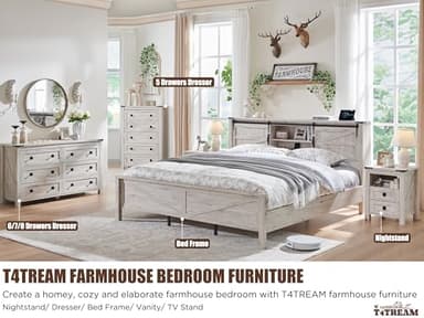 T4TREAM Farmhouse Nightstand Set of 2 with Charging Station, Rustic End Table with 2 Drawers, Storage Open Shelf for Bedroom, Living Room, Wood Side Table, Antique Brush White - Image 6