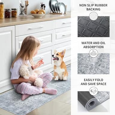 WOBUBU Kitchen Rugs Sets of 3 Boho Kitchen Rugs and Mats Non Slip Washable Rugs Set for Kitchen Laundry Room Entryway Light Grey - Image 6