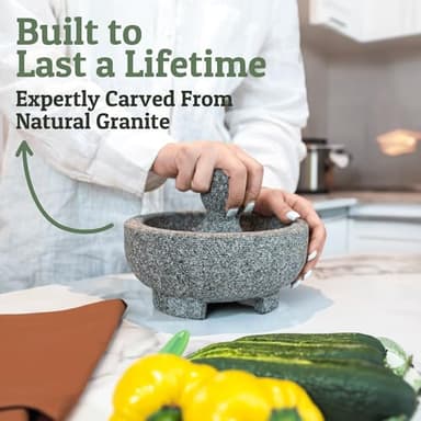 PriorityChef Granite Mortar and Pestle Set - 8 Inch Natural Stone Molcajete Mexicano for Spices, Seasonings, Pastes - Pestle and Mortar Bowl for Fresh Guacamole, Salsa, Pesto, Large, Grey - Image 2