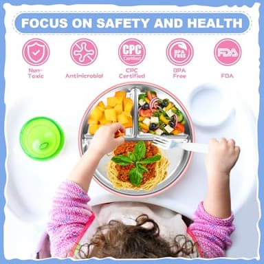 OVV Stainless Steel Kids Plates (2 Pack) 9 Inch Toddler Divided Plates with ﻿Removable Silicone Sleeves & 5 Suction Cups Baby Self Feeding | Mess-Free Mealtime | Dishwasher Safe - Image 5