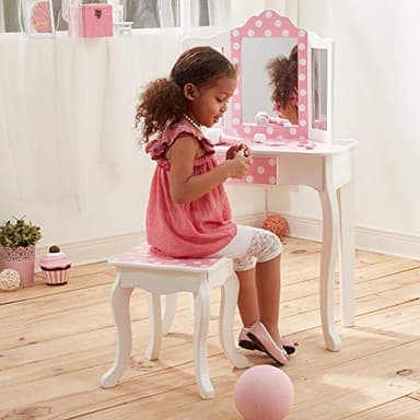 Teamson Kids Princess Gisele Polka Dot Print 2-Piece Kids Wooden Play Vanity Set with Vanity Table, Tri-Fold Mirror, Storage Drawer, and Matching Stool, White with White/Pink Polka Dot Accent - Image 8