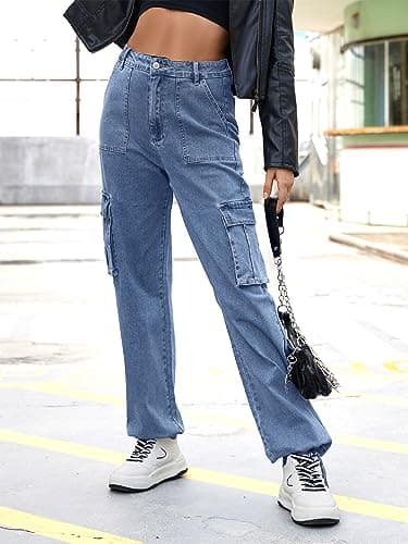 ZMPSIISA Women High Waisted Cargo Jeans Pants Wide Leg Casual Denim 6 Pockets Combat Military Trousers(Denim Blue,Large) - Image 5