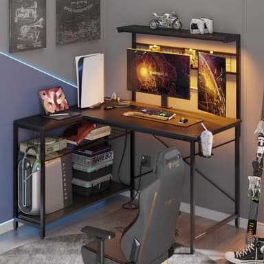 Bestier 42 L Gaming Desk,Computer Desk with Power Outlets, LED Lights, Reversible Corner Desk with 4-Tier Shelves,Cup Holder & Hook Carbon Fiber Black - Image 8