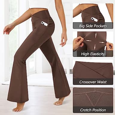 DLOODA Women's Flare Leggings with Pockets-Crossover High Waisted Bootcut Yoga Pants-Tummy Control Bell Bottom Leggings Brown - Image 5