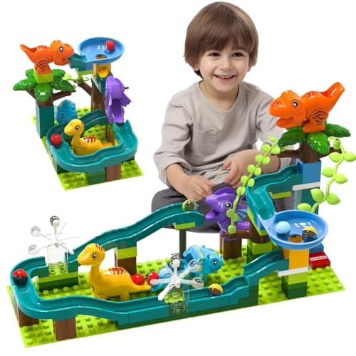Marble Runs Dinosaur Adventure with Gravity Hammer and Building Tracks, 80 Pieces Compatible Construction Toys Interactive Ball Tracks Maze Game for Kids Ages 3 4 5 6 7 8 Years (Dinosaur Marble Run) - Image 1