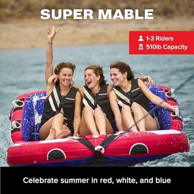 Airhead Super Mable 3-Person Towable Tube for Boating – Inflatable Boat Tube with Dual Tow Points, Cushioned Walls, 16 Handles, Foam Seat Pads & Full Nylon Cover – USA Stars & Stripes Pattern​ - Image 2