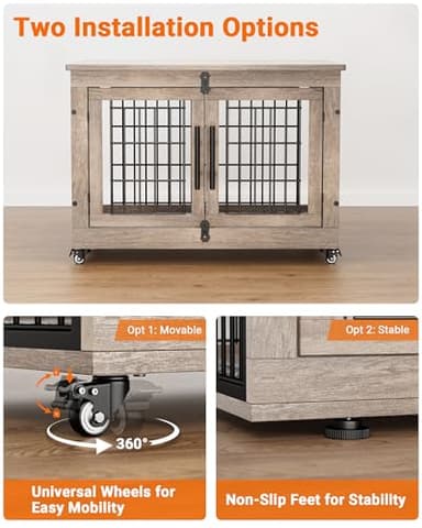 YaFiti Dog Crate Furniture with Cushion, Wooden Dog Kennel with Double Doors, Heavy Duty Dog Cage End Table with Wheels, Dog House Indoor for Small Medium Dogs up to 45 lb, 32.5” L, Grey - Image 7