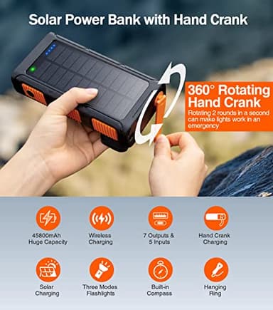 GOODaaa Power Bank Wireless Charger 45800mAh Built in Hand Crank and 4 Cables 15W Fast Charging Power Bank 7 Outputs & 4 Inputs Solar Portable Charger, SOS/Strobe/Strong Flashlights, Compass - Image 3