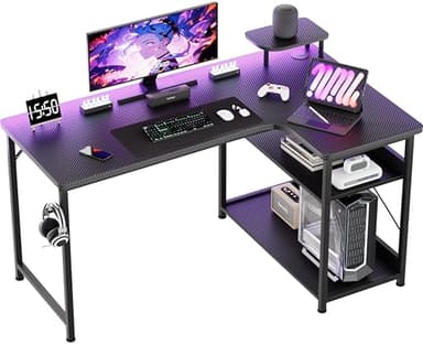 COMHOMA Gaming Desk L Shaped Desk Carbon Fiber Style Computer Desk Compatible with Monitor Arm Storage Shelves Corner Gaming Desk for Home Office Desks Easy to Assemble Adjustable Shelf Height(43.31") - Image 1