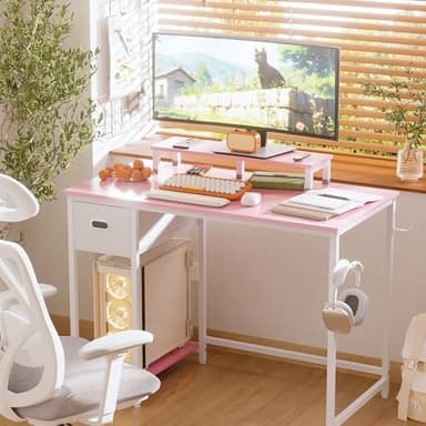 Pamray 39 Inch Computer Desk with Monitor Stand Small Home Office Desks with Non-Woven Storage Drawer for Bedroom Study Table Writing and Work Desk Pink - Image 2