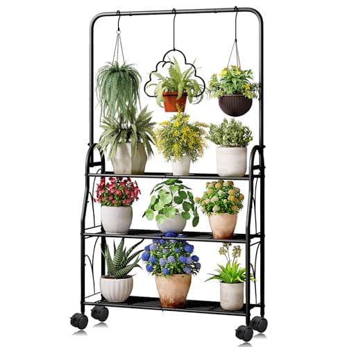 ECOESPTI Plant Stand, 3 Tier Moveable Tall Corner Hanging Plant Rack for Indoor Outdoor, Black Heavy Duty Metal Multiple Plant Shelf Holder for Garden Balcony Living Room - Image 1