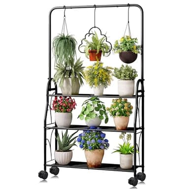 ECOESPTI Plant Stand, 3 Tier Moveable Tall Corner Hanging Plant Rack for Indoor Outdoor, Black Heavy Duty Metal Multiple Plant Shelf Holder for Garden Balcony Living Room - Image 1
