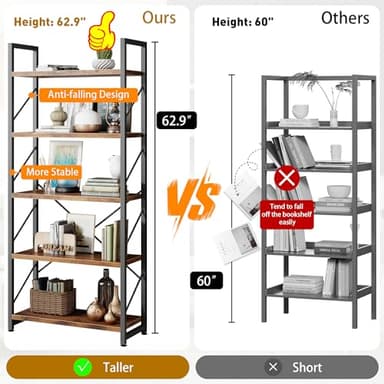 Bookshelf, 5 Tier Bookshelves, Home Office Bookcase Shelf Storage Organizer, Free Standing Storage Shelving Unit for Bedroom, Living Room and Home Office,Rustic Brown - Image 5