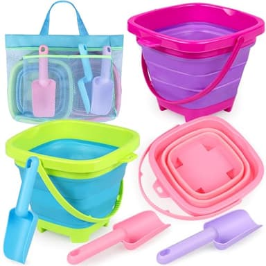 Collapsible Beach Buckets for Kids, Foldable Sand Buckets and Shovels with Mesh Bag, Silicone Sand Pails Travel Beach Toys for Toddlers Easter Egg Hunt, Camping and Fishing Water Pail - Image 1
